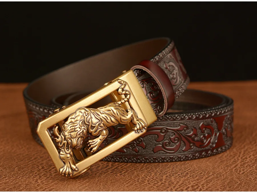 New Men Genuine Leather Belt Luxury Gold Tiger Metal Automatic Buckle Cowhide Belts for Men Jeans Waistband Male Strap