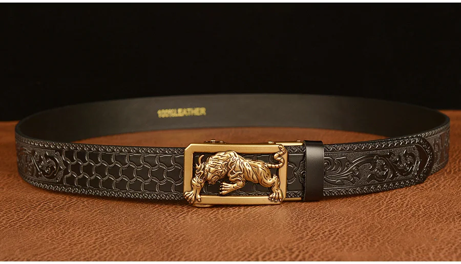 New Men Genuine Leather Belt Luxury Gold Tiger Metal Automatic Buckle Cowhide Belts for Men Jeans Waistband Male Strap