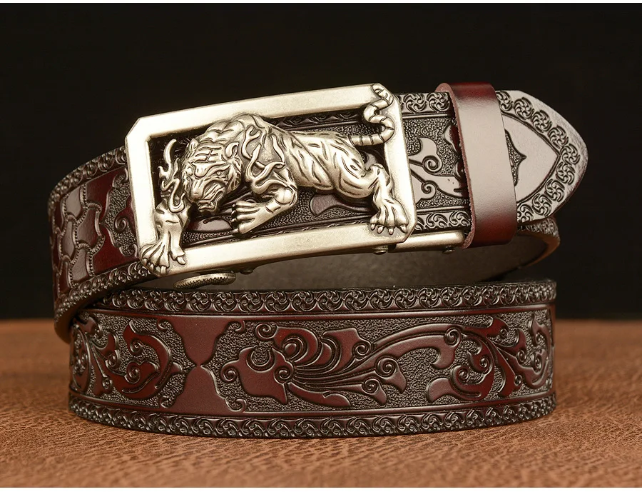 New Men Genuine Leather Belt Luxury Gold Tiger Metal Automatic Buckle Cowhide Belts for Men Jeans Waistband Male Strap
