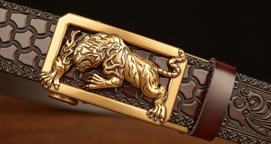 New Men Genuine Leather Belt Luxury Gold Tiger Metal Automatic Buckle Cowhide Belts for Men Jeans Waistband Male Strap