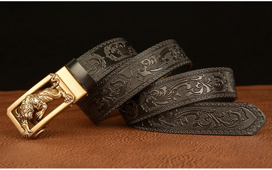 New Men Genuine Leather Belt Luxury Gold Tiger Metal Automatic Buckle Cowhide Belts for Men Jeans Waistband Male Strap