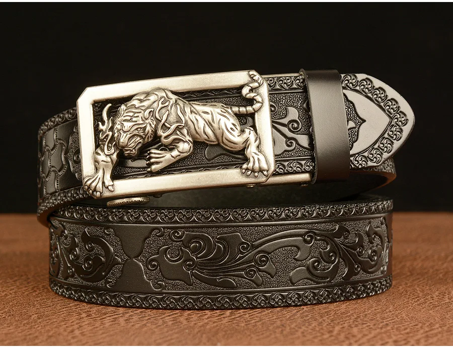 New Men Genuine Leather Belt Luxury Gold Tiger Metal Automatic Buckle Cowhide Belts for Men Jeans Waistband Male Strap