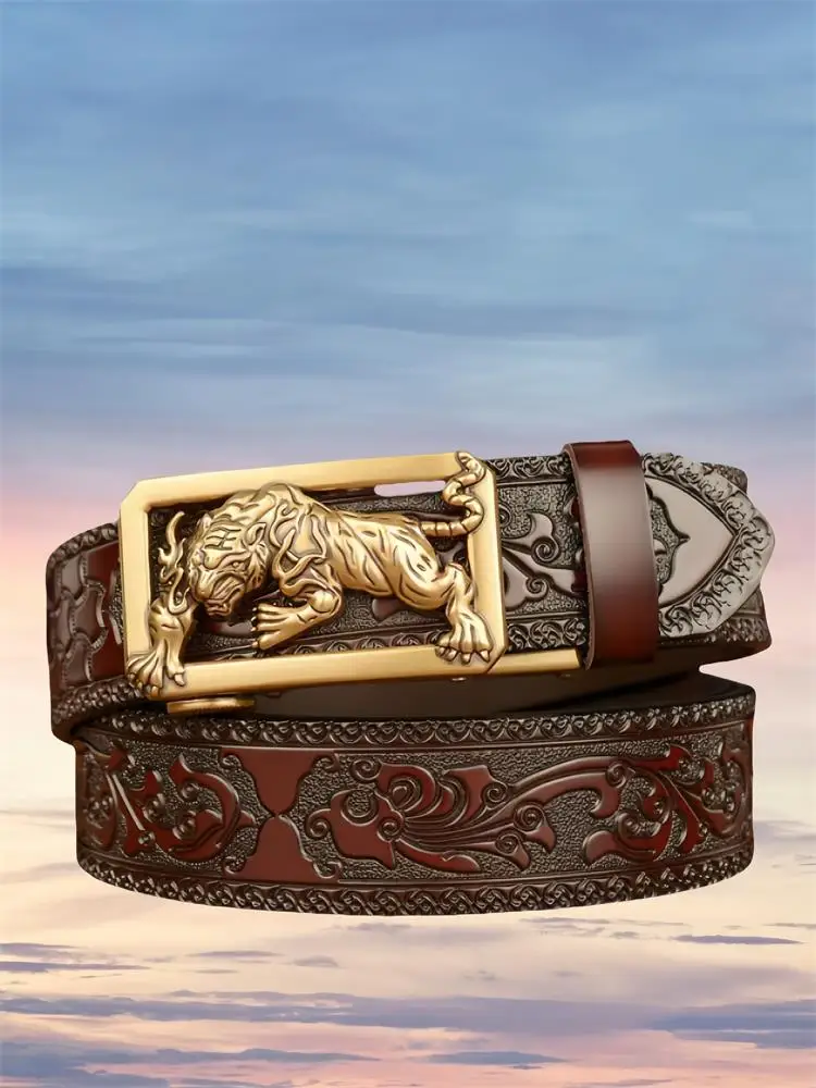 New Men Genuine Leather Belt Luxury Gold Tiger Metal Automatic Buckle Cowhide Belts for Men Jeans Waistband Male Strap