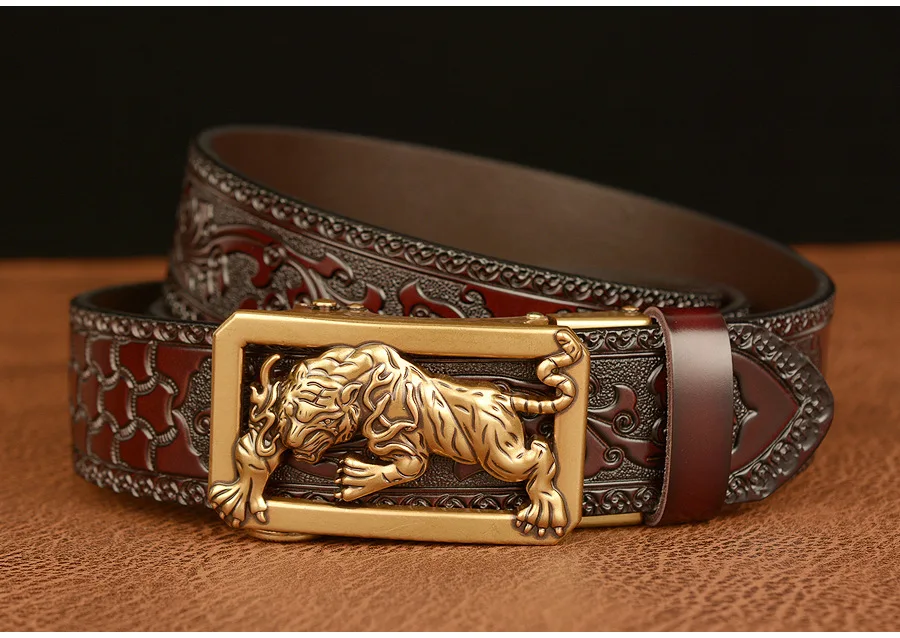 New Men Genuine Leather Belt Luxury Gold Tiger Metal Automatic Buckle Cowhide Belts for Men Jeans Waistband Male Strap