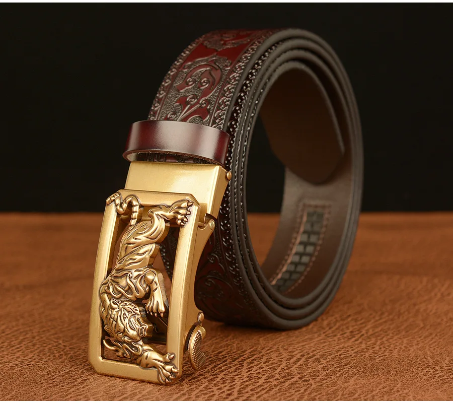 New Men Genuine Leather Belt Luxury Gold Tiger Metal Automatic Buckle Cowhide Belts for Men Jeans Waistband Male Strap