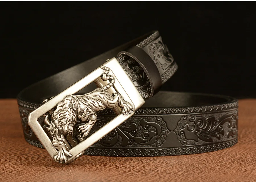 New Men Genuine Leather Belt Luxury Gold Tiger Metal Automatic Buckle Cowhide Belts for Men Jeans Waistband Male Strap
