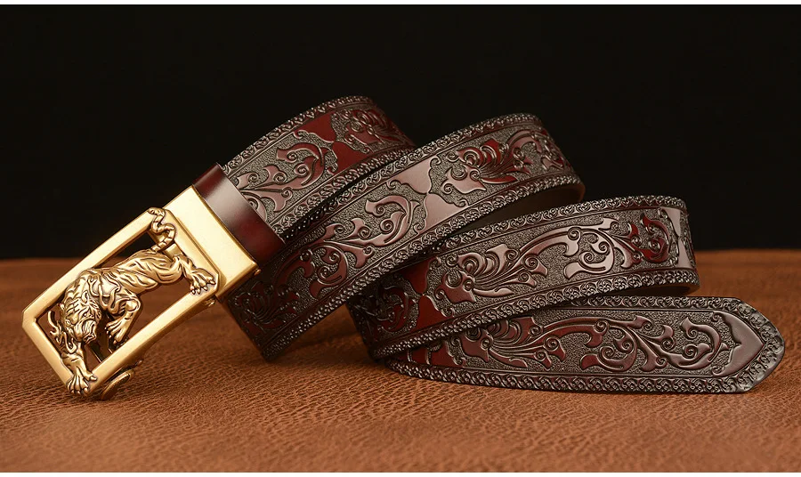 New Men Genuine Leather Belt Luxury Gold Tiger Metal Automatic Buckle Cowhide Belts for Men Jeans Waistband Male Strap