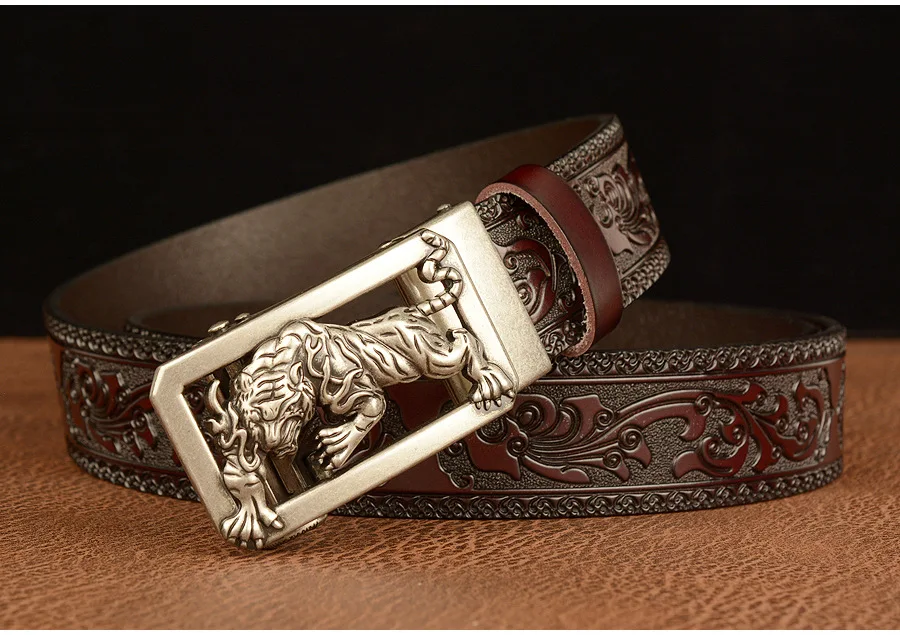 New Men Genuine Leather Belt Luxury Gold Tiger Metal Automatic Buckle Cowhide Belts for Men Jeans Waistband Male Strap