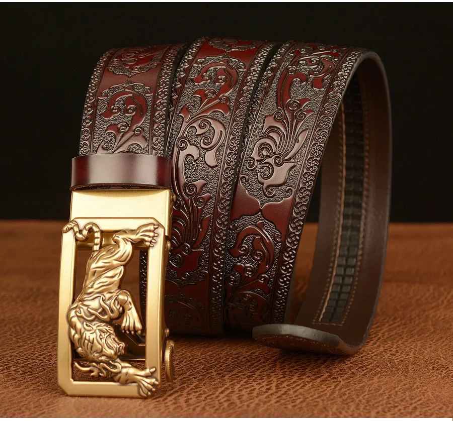 New Men Genuine Leather Belt Luxury Gold Tiger Metal Automatic Buckle Cowhide Belts for Men Jeans Waistband Male Strap