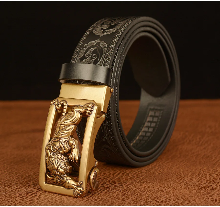 New Men Genuine Leather Belt Luxury Gold Tiger Metal Automatic Buckle Cowhide Belts for Men Jeans Waistband Male Strap