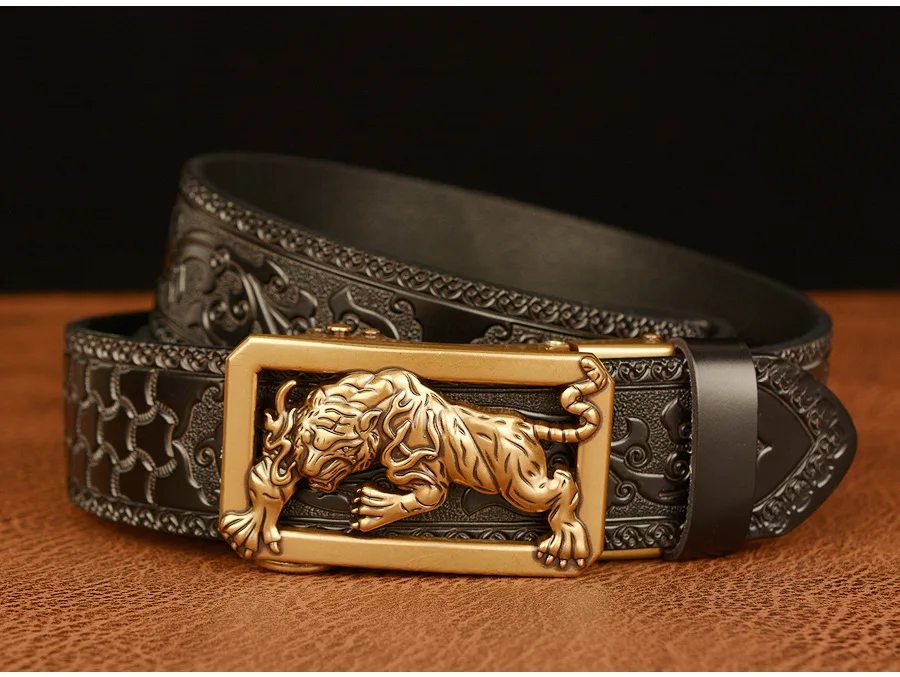 New Men Genuine Leather Belt Luxury Gold Tiger Metal Automatic Buckle Cowhide Belts for Men Jeans Waistband Male Strap