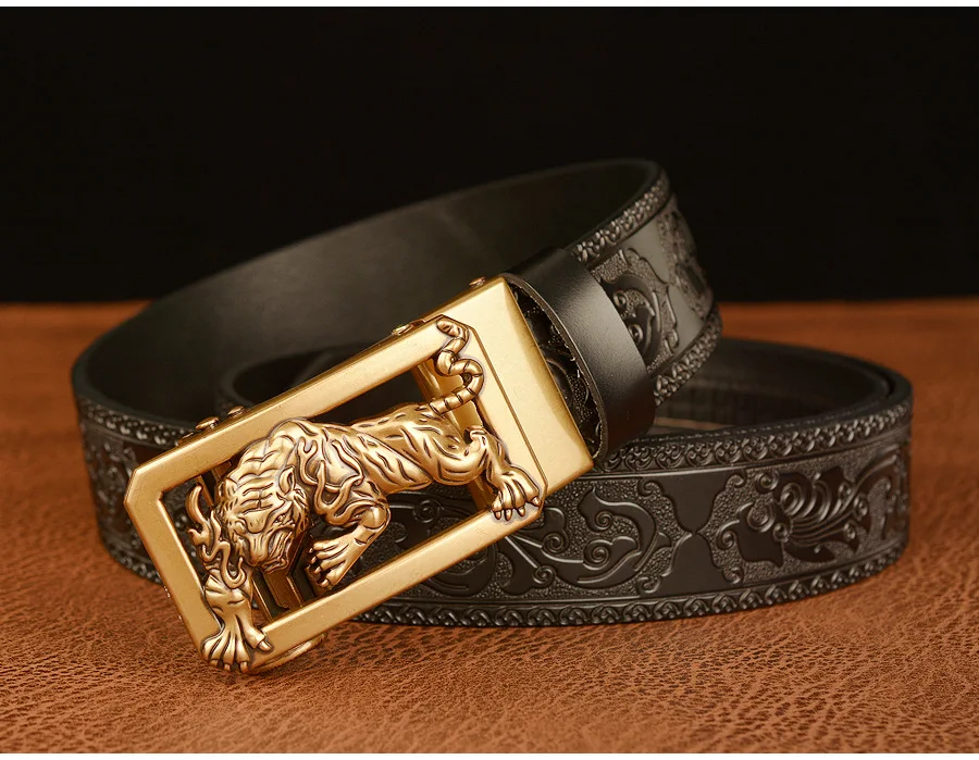 New Men Genuine Leather Belt Luxury Gold Tiger Metal Automatic Buckle Cowhide Belts for Men Jeans Waistband Male Strap
