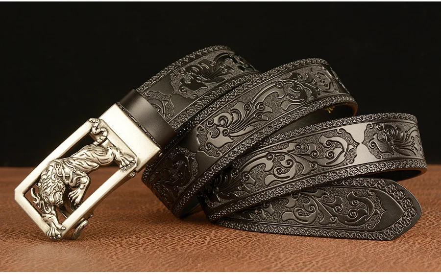 New Men Genuine Leather Belt Luxury Gold Tiger Metal Automatic Buckle Cowhide Belts for Men Jeans Waistband Male Strap