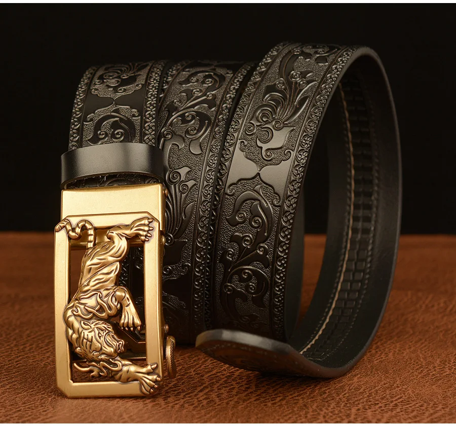 New Men Genuine Leather Belt Luxury Gold Tiger Metal Automatic Buckle Cowhide Belts for Men Jeans Waistband Male Strap