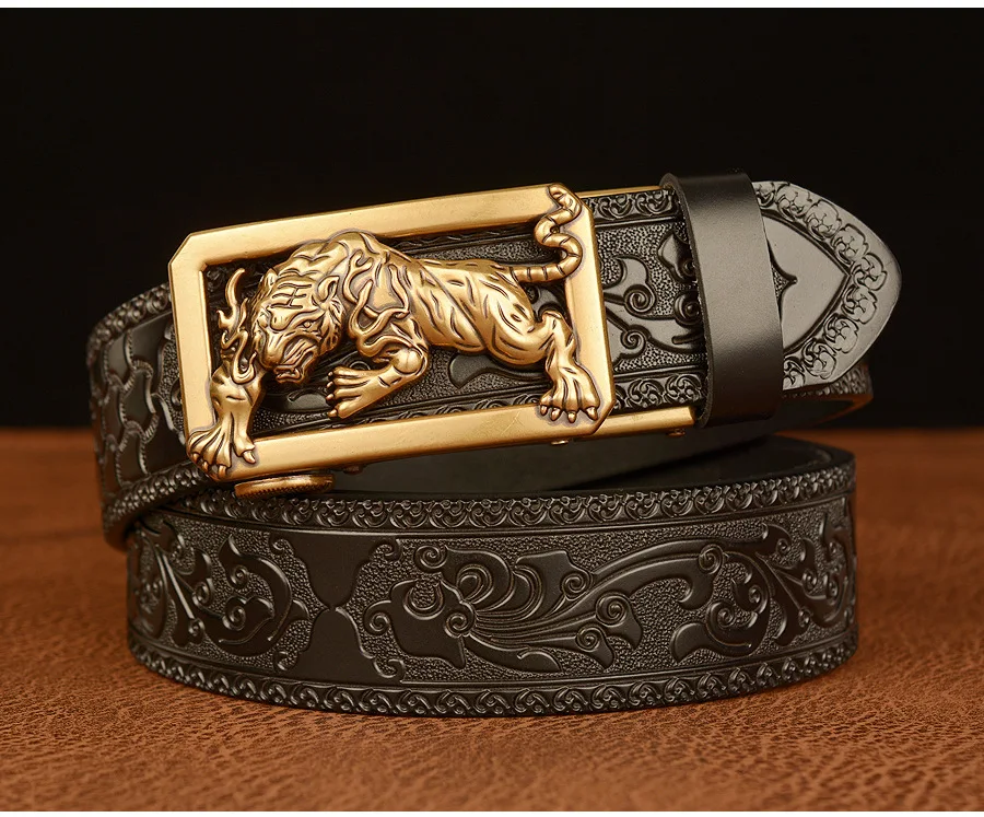 New Men Genuine Leather Belt Luxury Gold Tiger Metal Automatic Buckle Cowhide Belts for Men Jeans Waistband Male Strap
