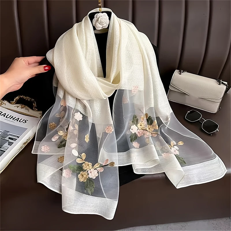 Women Silk Wool Scarf Floral Embroidery Hijab Female Foulard Spring Summer Thin Pashmina Shawls Wraps Bufanda Headscarf Stoles