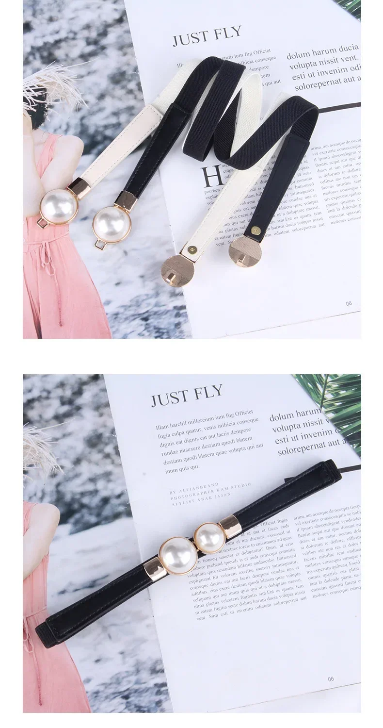 Elegant Vintage Pearl Waist Chain Belts Women's Korean Style Sweater Jacket Hooks Elastic Slim Fit Leather Belt