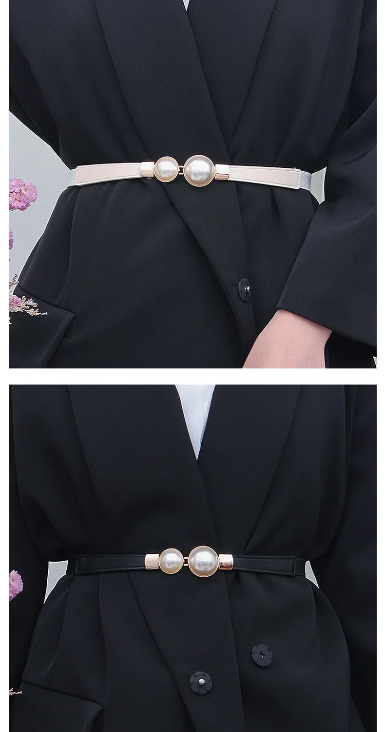 Elegant Vintage Pearl Waist Chain Belts Women's Korean Style Sweater Jacket Hooks Elastic Slim Fit Leather Belt