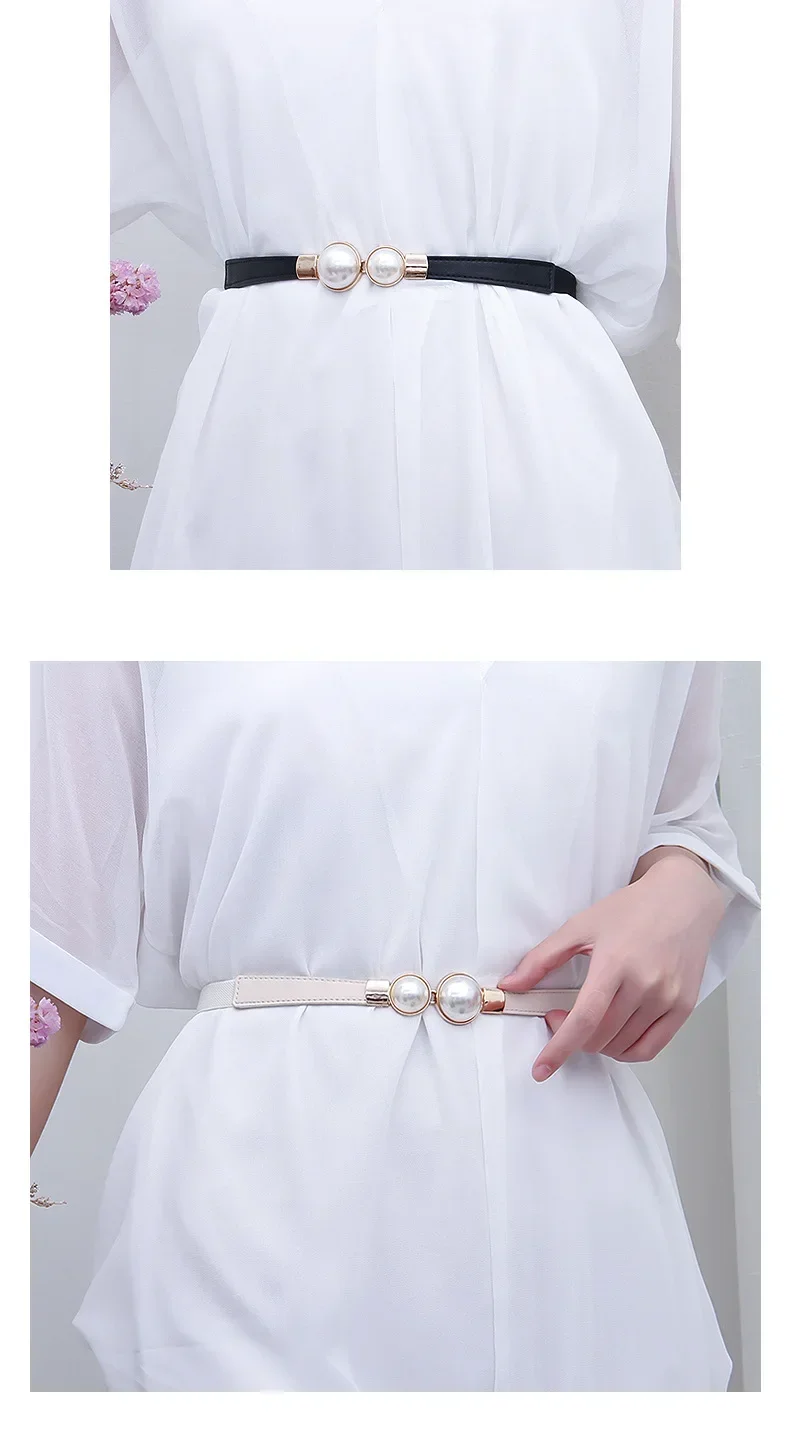 Elegant Vintage Pearl Waist Chain Belts Women's Korean Style Sweater Jacket Hooks Elastic Slim Fit Leather Belt
