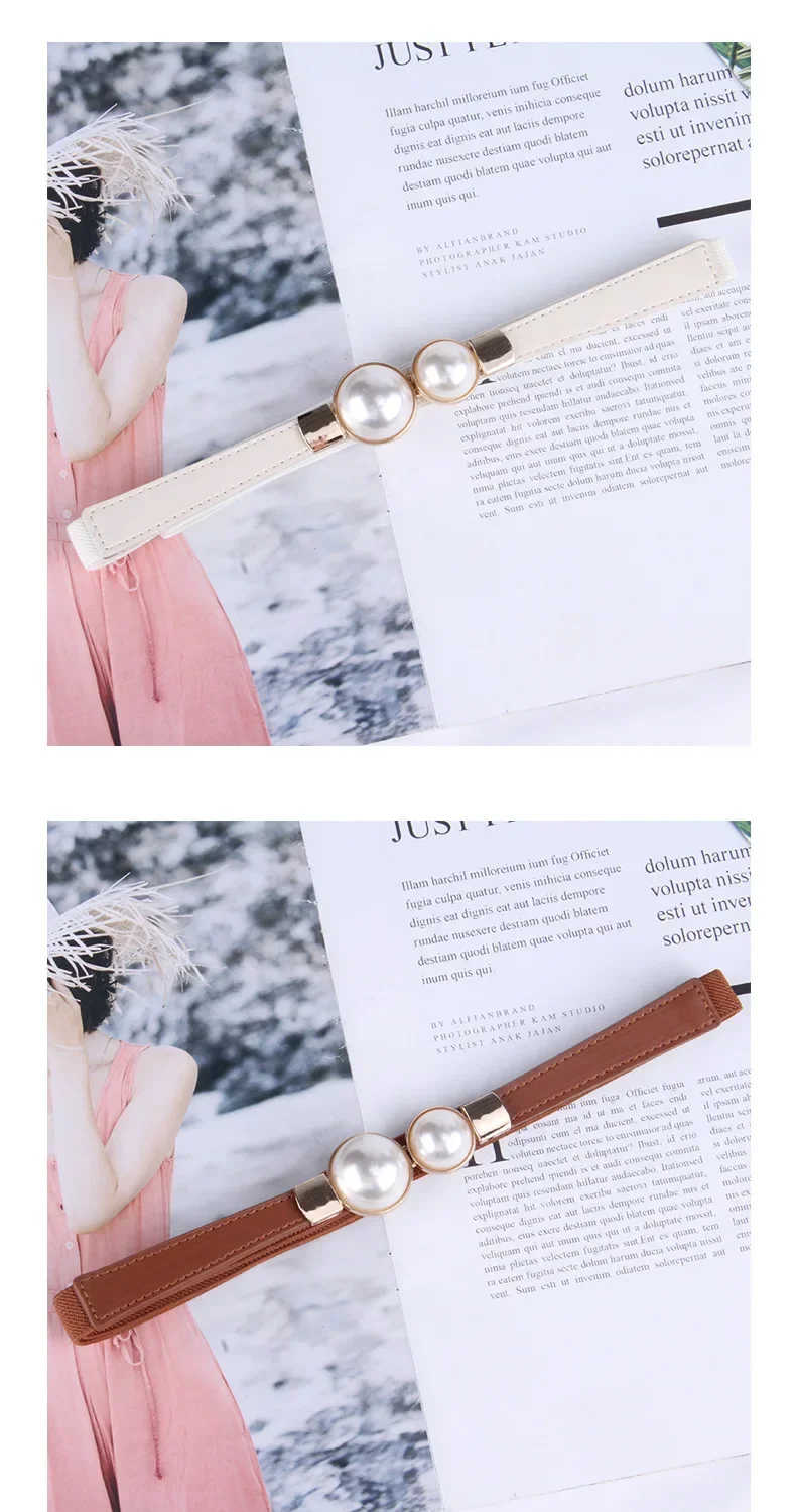 Elegant Vintage Pearl Waist Chain Belts Women's Korean Style Sweater Jacket Hooks Elastic Slim Fit Leather Belt