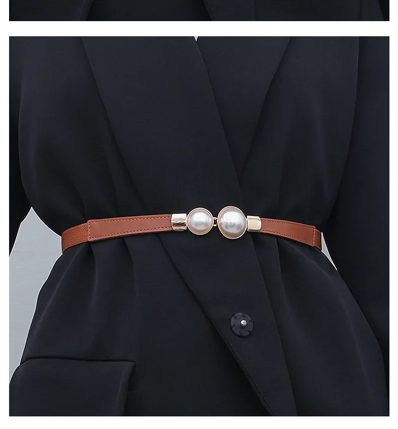Elegant Vintage Pearl Waist Chain Belts Women's Korean Style Sweater Jacket Hooks Elastic Slim Fit Leather Belt