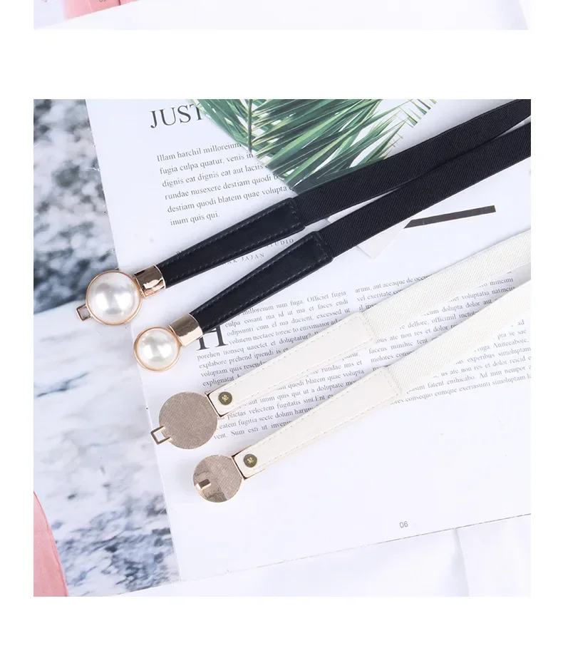 Elegant Vintage Pearl Waist Chain Belts Women's Korean Style Sweater Jacket Hooks Elastic Slim Fit Leather Belt