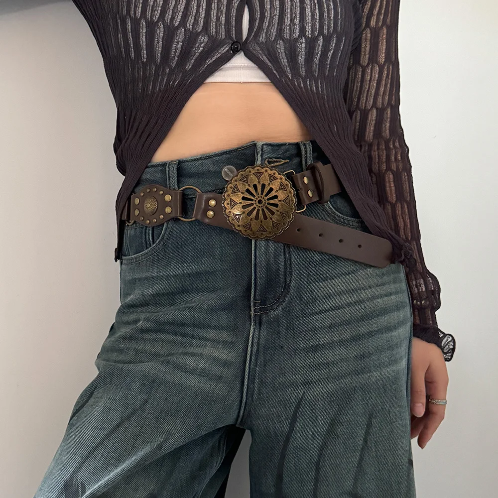Western Cowgirl Cowboy Designer Belts For Women Retro Y2K Spliced Girdles Waistband Female Personality Round Trend Jeans Belt