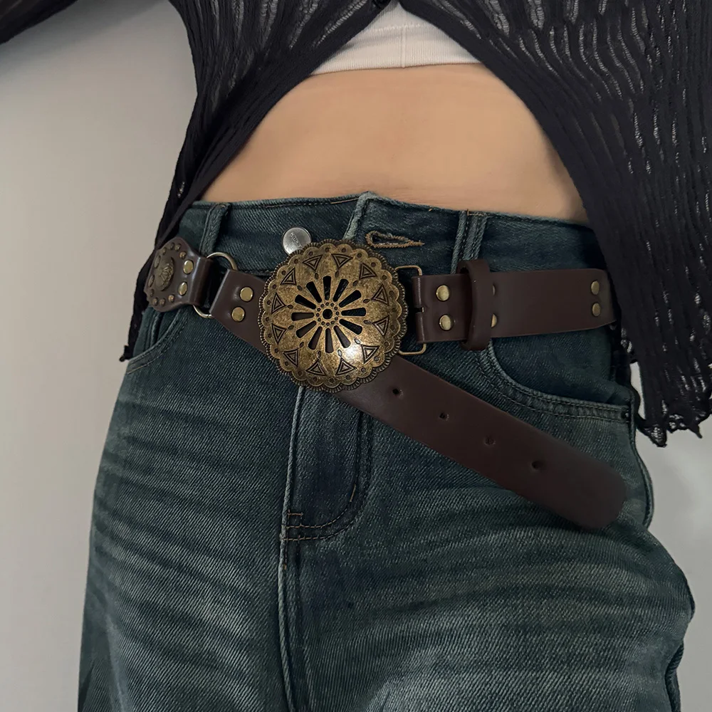 Western Cowgirl Cowboy Designer Belts For Women Retro Y2K Spliced Girdles Waistband Female Personality Round Trend Jeans Belt