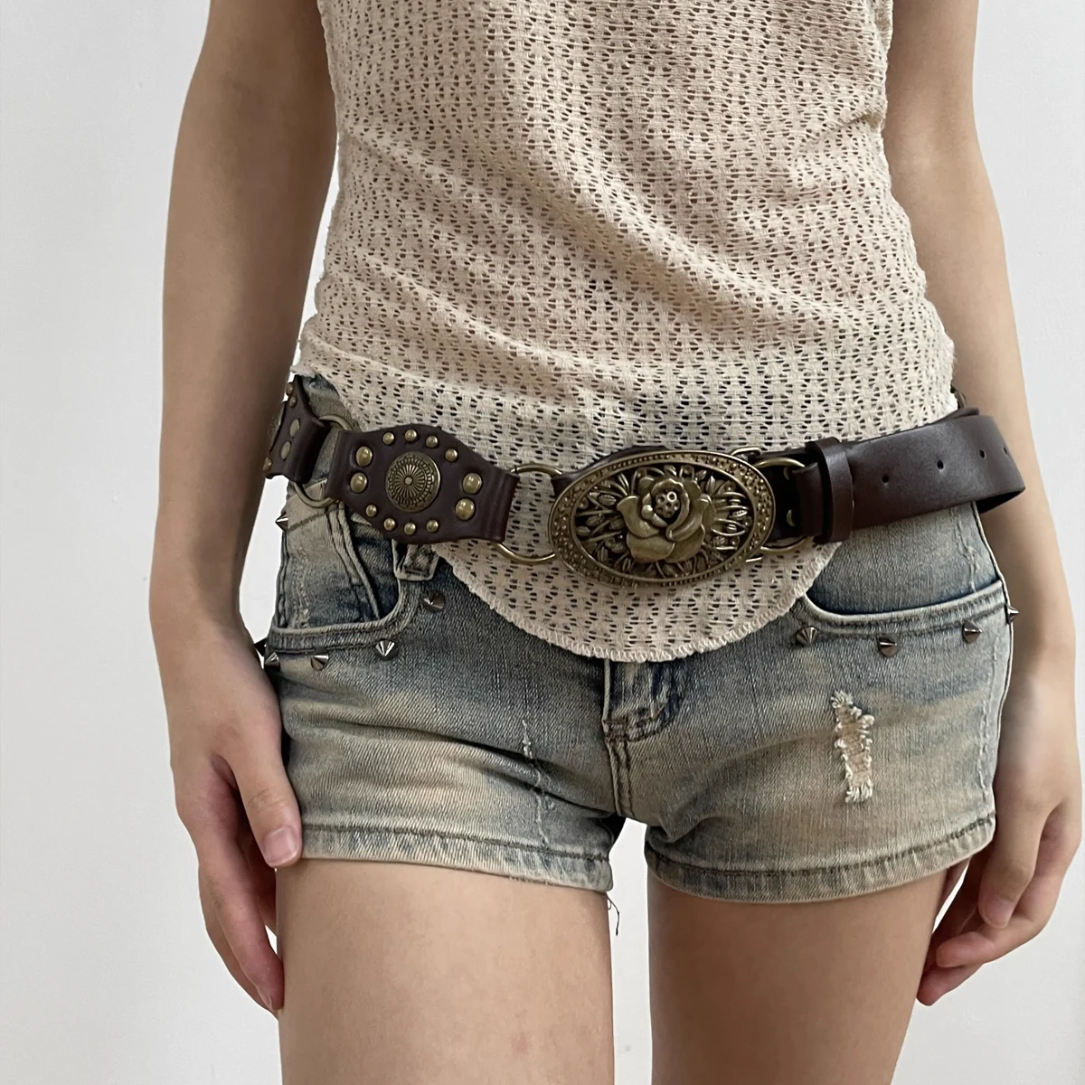 Western Cowgirl Cowboy Designer Belts For Women Retro Y2K Spliced Girdles Waistband Female Personality Round Trend Jeans Belt