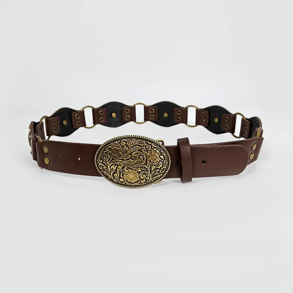 Western Cowgirl Cowboy Designer Belts For Women Retro Y2K Spliced Girdles Waistband Female Personality Round Trend Jeans Belt