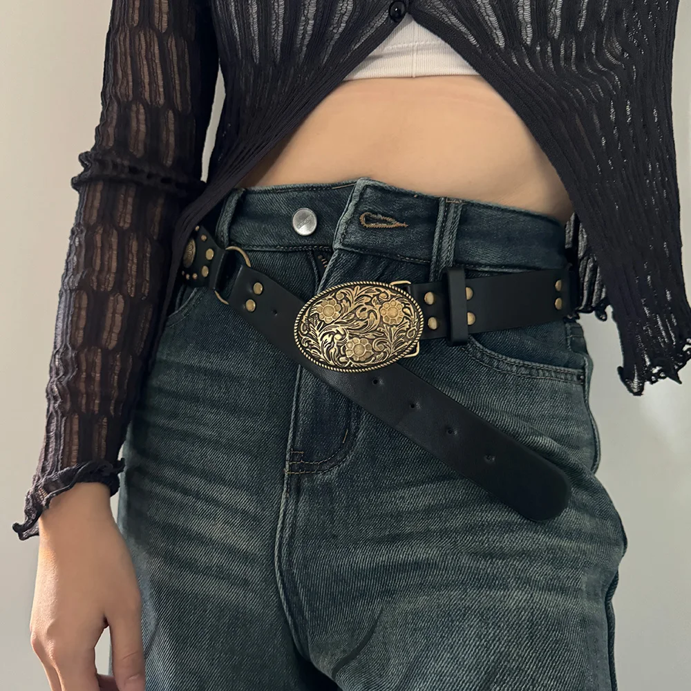 Western Cowgirl Cowboy Designer Belts For Women Retro Y2K Spliced Girdles Waistband Female Personality Round Trend Jeans Belt