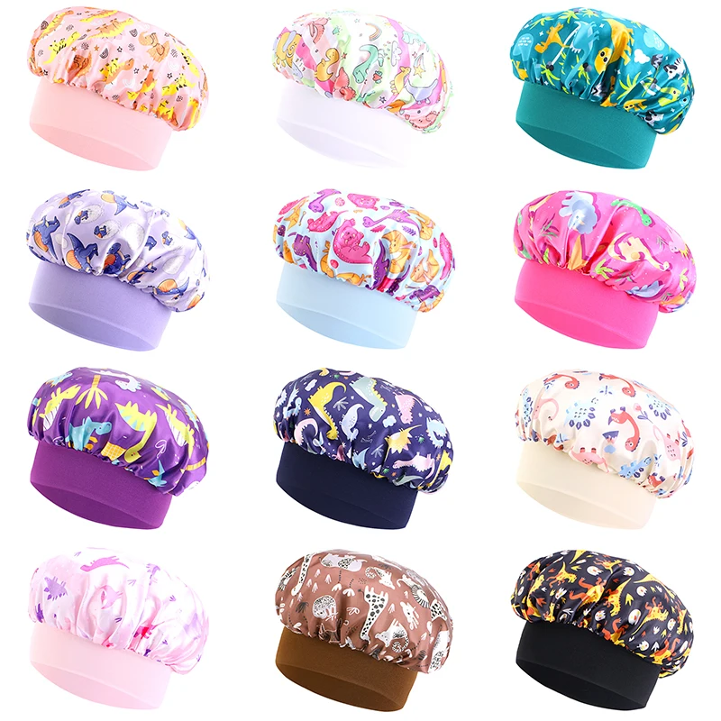 New Kids Satin Bonnet Dinosaur Wide Elastic Band Sleeping Cap Soft Silky Night Hair Hats for Teens Toddler Child Baby