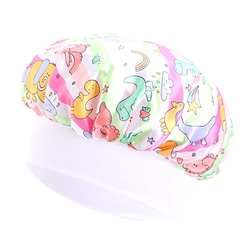 New Kids Satin Bonnet Dinosaur Wide Elastic Band Sleeping Cap Soft Silky Night Hair Hats for Teens Toddler Child Baby