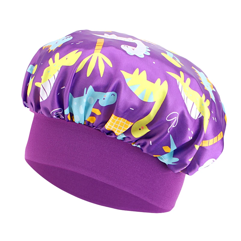 New Kids Satin Bonnet Dinosaur Wide Elastic Band Sleeping Cap Soft Silky Night Hair Hats for Teens Toddler Child Baby
