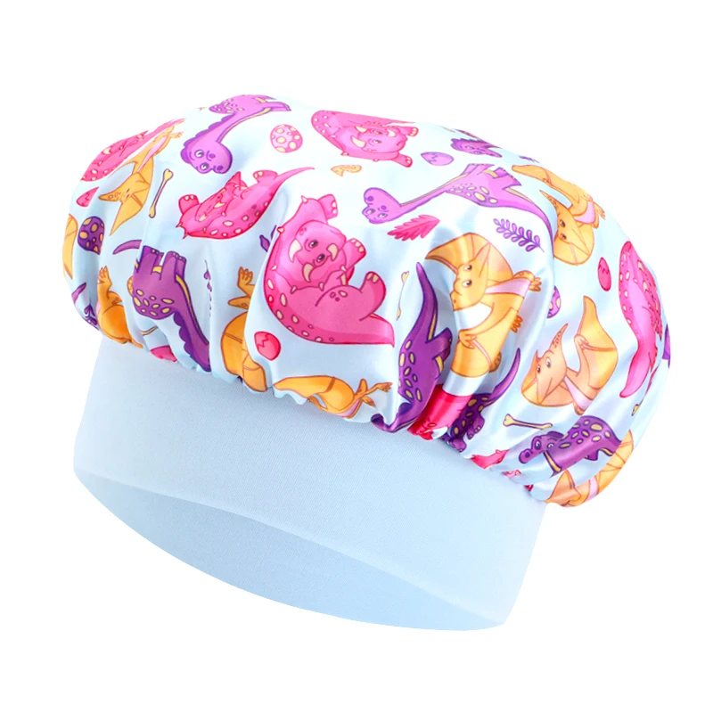 New Kids Satin Bonnet Dinosaur Wide Elastic Band Sleeping Cap Soft Silky Night Hair Hats for Teens Toddler Child Baby