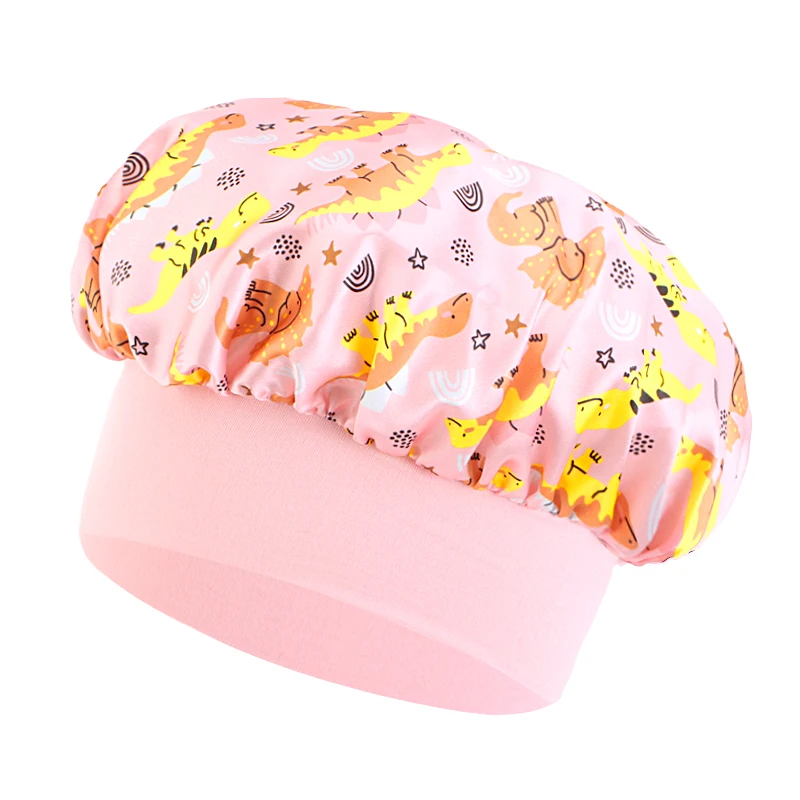 New Kids Satin Bonnet Dinosaur Wide Elastic Band Sleeping Cap Soft Silky Night Hair Hats for Teens Toddler Child Baby