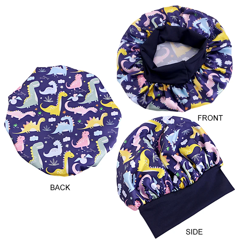 New Kids Satin Bonnet Dinosaur Wide Elastic Band Sleeping Cap Soft Silky Night Hair Hats for Teens Toddler Child Baby