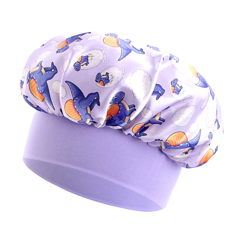 New Kids Satin Bonnet Dinosaur Wide Elastic Band Sleeping Cap Soft Silky Night Hair Hats for Teens Toddler Child Baby