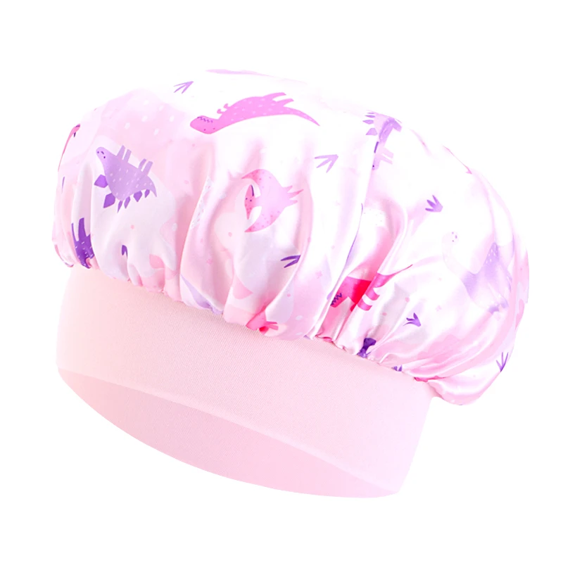 New Kids Satin Bonnet Dinosaur Wide Elastic Band Sleeping Cap Soft Silky Night Hair Hats for Teens Toddler Child Baby