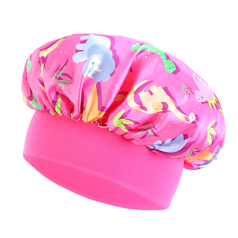 New Kids Satin Bonnet Dinosaur Wide Elastic Band Sleeping Cap Soft Silky Night Hair Hats for Teens Toddler Child Baby