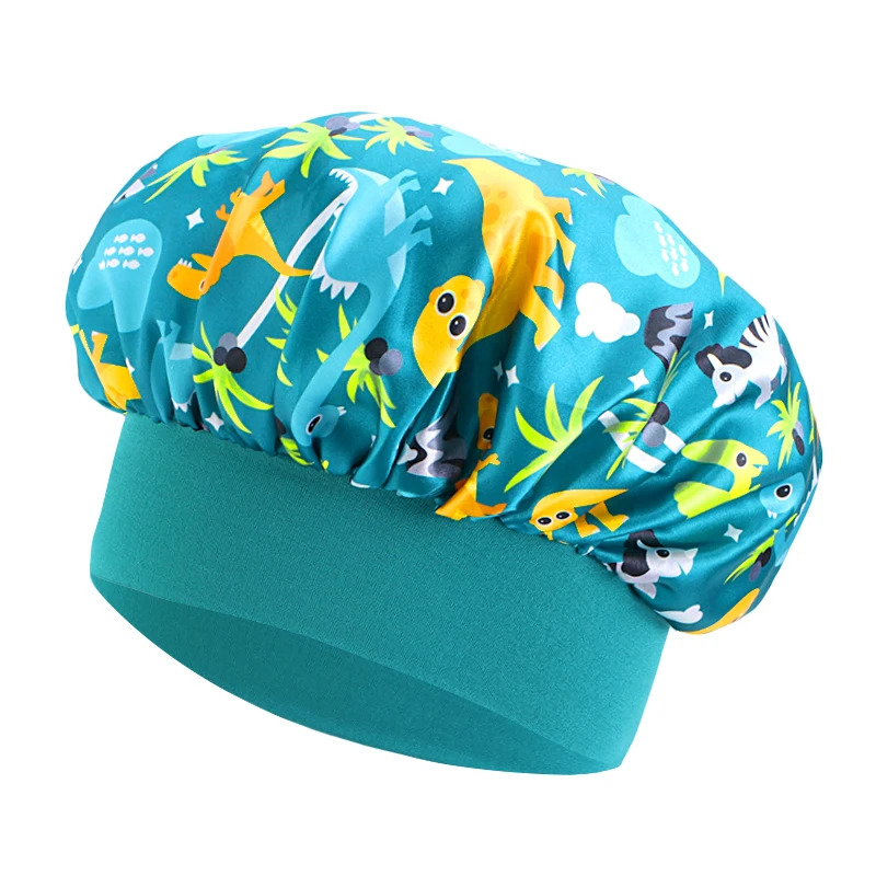 New Kids Satin Bonnet Dinosaur Wide Elastic Band Sleeping Cap Soft Silky Night Hair Hats for Teens Toddler Child Baby