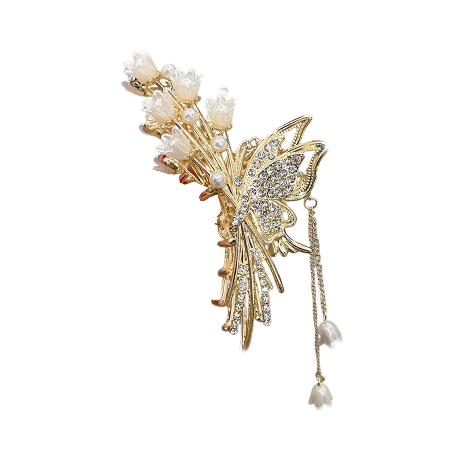 Elegant Butterfly/Flower Hair Claw Clips Gold Color Alloy Hairpins Ponytail Holder Pearls Pendant Headpieces for Women Girls