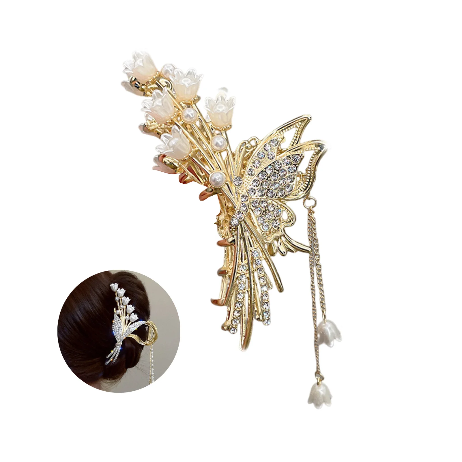 Elegant Butterfly/Flower Hair Claw Clips Gold Color Alloy Hairpins Ponytail Holder Pearls Pendant Headpieces for Women Girls