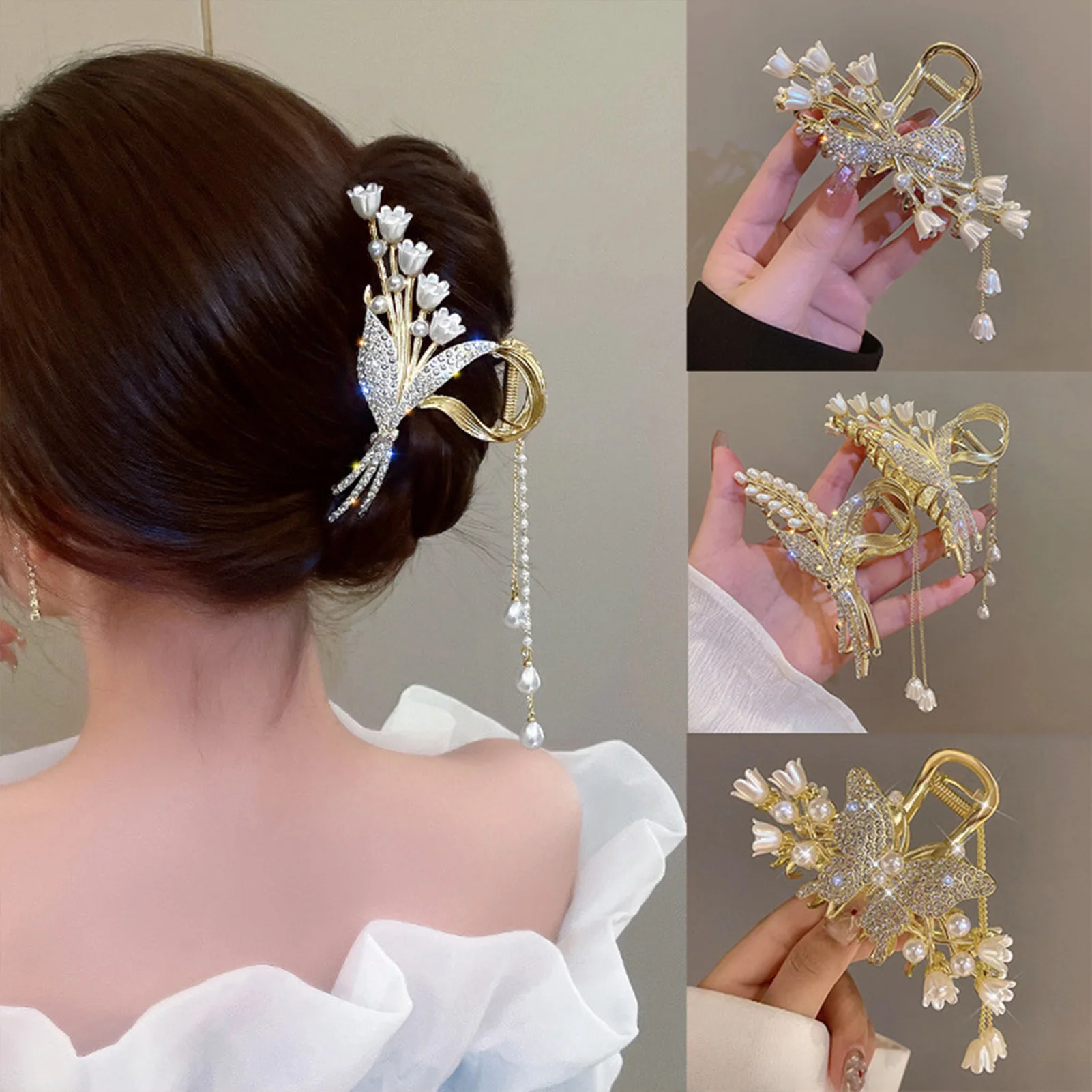 Elegant Butterfly/Flower Hair Claw Clips Gold Color Alloy Hairpins Ponytail Holder Pearls Pendant Headpieces for Women Girls