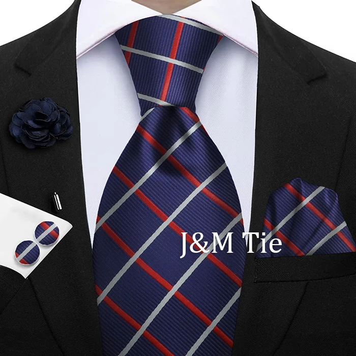 Luxury Mens Purple Yellow Grey Ties Floral Ties Plaid Striped NeckTie Pocket Square Cufflinks Brooch Set Men's Wedding Party Tie