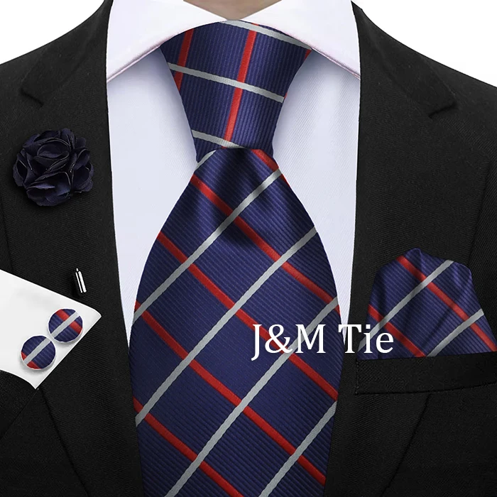 Luxury Mens Purple Yellow Grey Ties Floral Ties Plaid Striped NeckTie Pocket Square Cufflinks Brooch Set Men's Wedding Party Tie