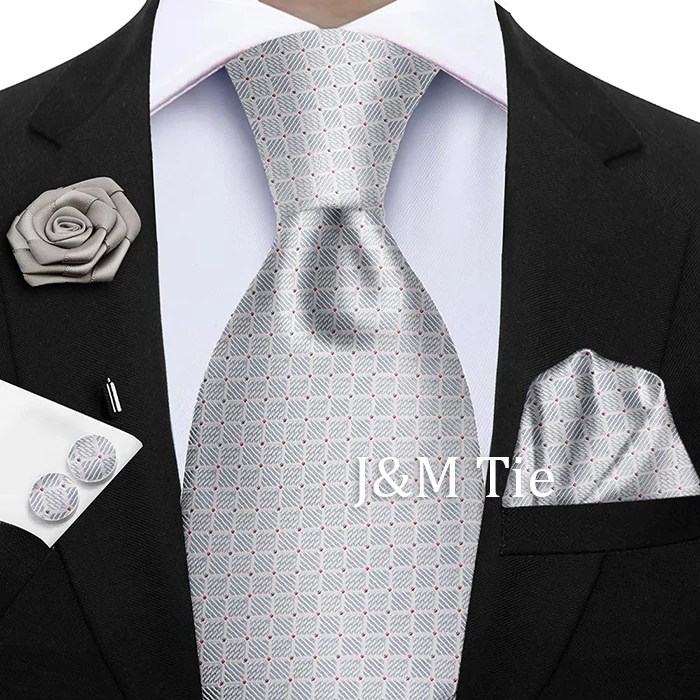 Luxury Mens Purple Yellow Grey Ties Floral Ties Plaid Striped NeckTie Pocket Square Cufflinks Brooch Set Men's Wedding Party Tie
