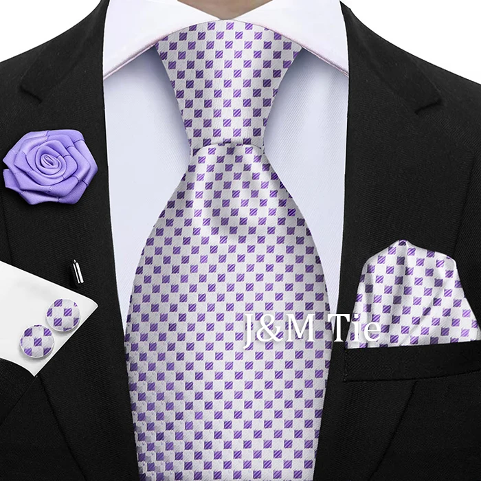 Luxury Mens Purple Yellow Grey Ties Floral Ties Plaid Striped NeckTie Pocket Square Cufflinks Brooch Set Men's Wedding Party Tie