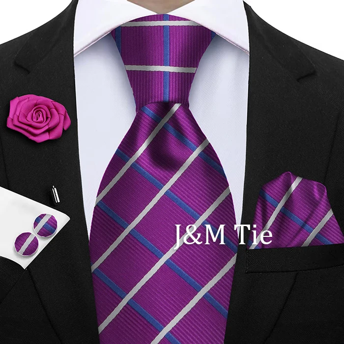 Luxury Mens Purple Yellow Grey Ties Floral Ties Plaid Striped NeckTie Pocket Square Cufflinks Brooch Set Men's Wedding Party Tie