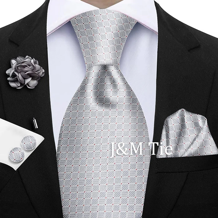 Luxury Mens Purple Yellow Grey Ties Floral Ties Plaid Striped NeckTie Pocket Square Cufflinks Brooch Set Men's Wedding Party Tie